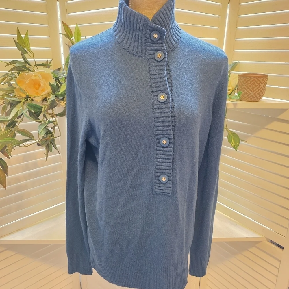 Tory Burch Blue Cashemere Blend Turtleneck Sweater with Button Accents Lg 1357